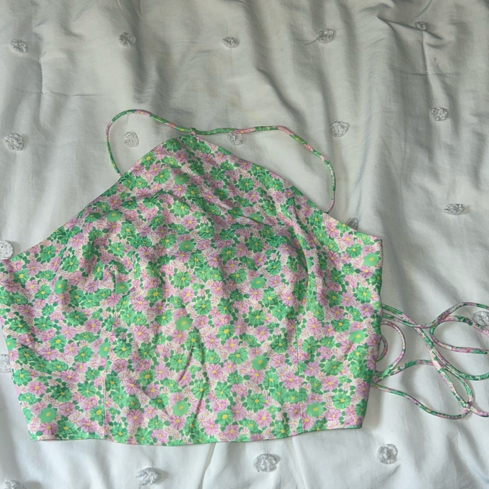 ZARA Floral Halter Neck Lace Up Back